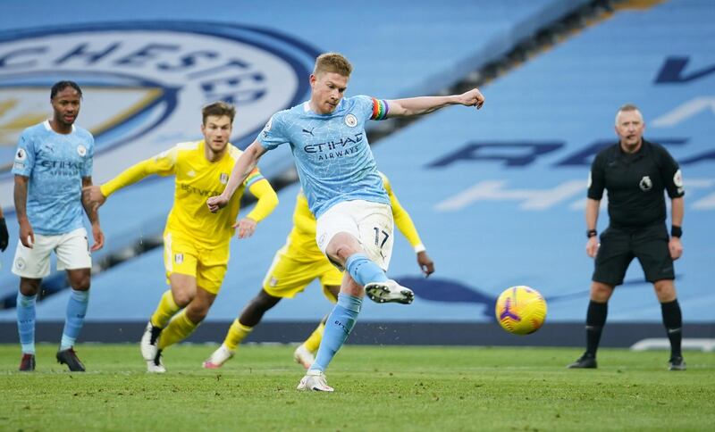 Soccer Football - Premier League - Manchester City v Fulham - Etihad Stadium, Manchester, Britain - December 5, 2020 Manchester City's Kevin De Bruyne scores their second goal from the penalty spot Pool via REUTERS/Dave Thompson EDITORIAL USE ONLY. No use with unauthorized audio, video, data, fixture lists, club/league logos or 'live' services. Online in-match use limited to 75 images, no video emulation. No use in betting, games or single club /league/player publications.  Please contact your account representative for further details.