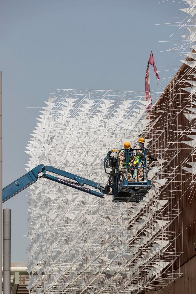 The Polish pavilion at the EXPO 2021 site nears completion. The pavilion has metal birds on the outside and inside that are partially installed along with a special wood panelled interior and exterior on May 2nd, 2021. 
Antonie Robertson / The National.
Reporter: Ramola Talwar for National