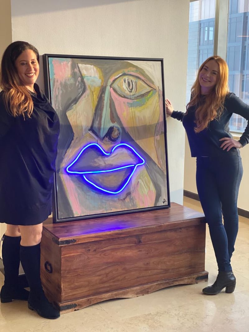 Artist Louise Duggan delivers her mixed-media work Blue Lips, commissioned by actress Lindsay Lohan for her Dubai home. All photos: Blush International