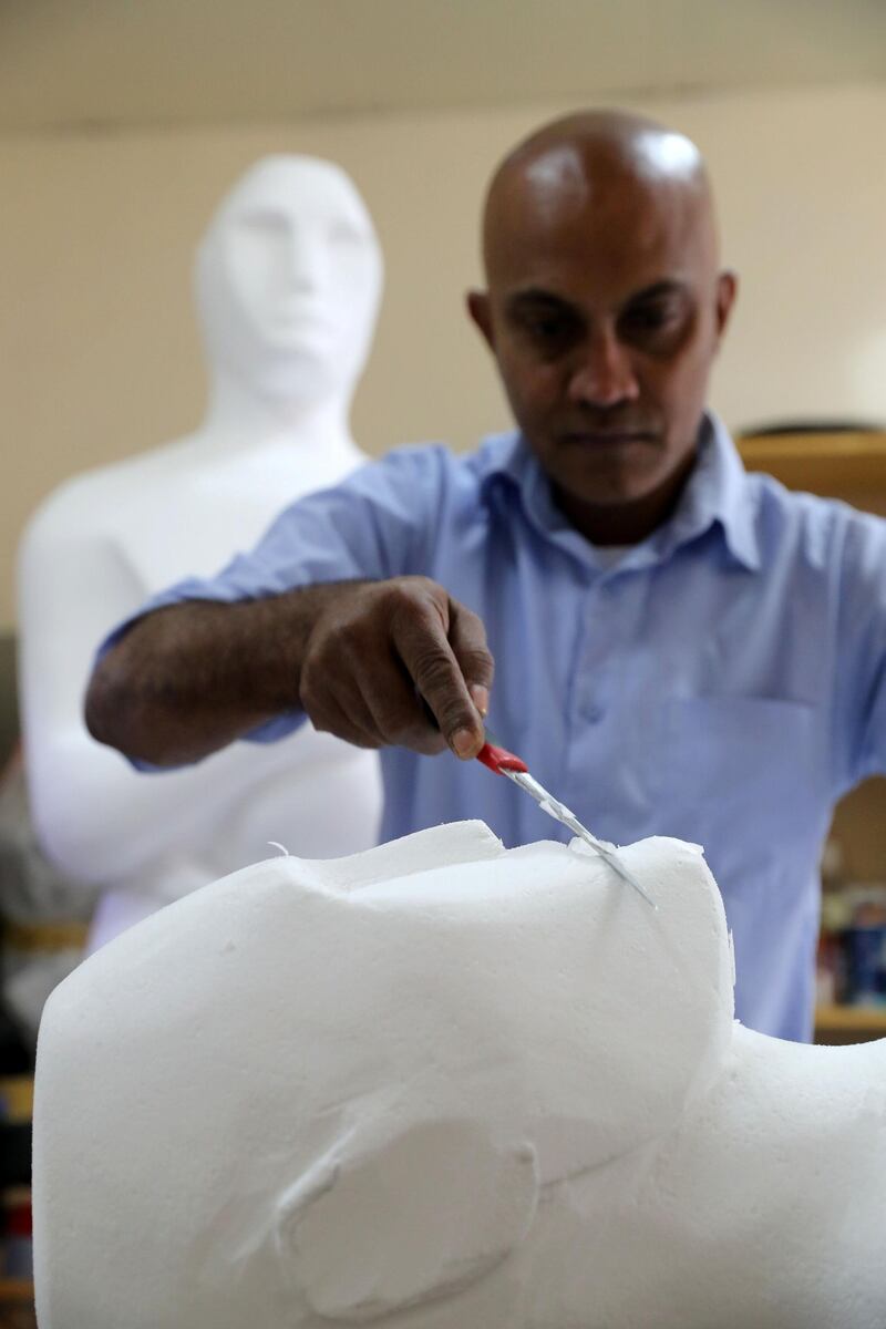 Dubai, United Arab Emirates - January 10th, 2018: Photo project. Sculptor Mark Ranasinghe crafts giant oscar sculptures out of polystyrene. Wednesday, January 10th, 2018 at Al Quoz, Dubai. Chris Whiteoak / The National