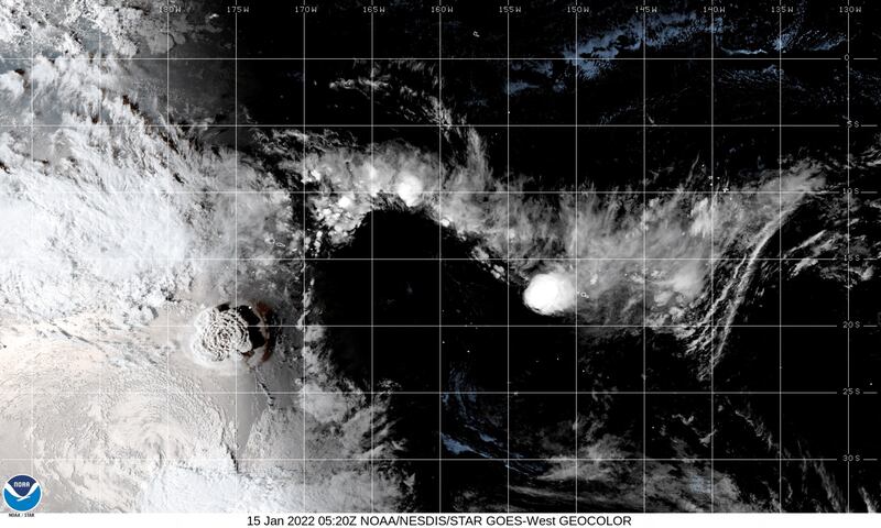 A white plume rises over Tonga when the underwater volcano erupted, in this still image obtained from an animated GIF from the Co-operative Institute for Research in the Atmosphere and NOAA. Reuters