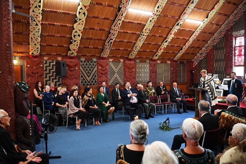 Prince Harry speaks during a visit to Te Papaiouru Marae in Rotorua. Getty Images