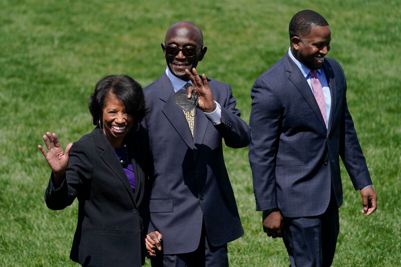 Ms  Jackson's mother Ellery Brown, father Johnny Brown and brother Ketajh Brown arrive on the South Lawn of the White House. AP