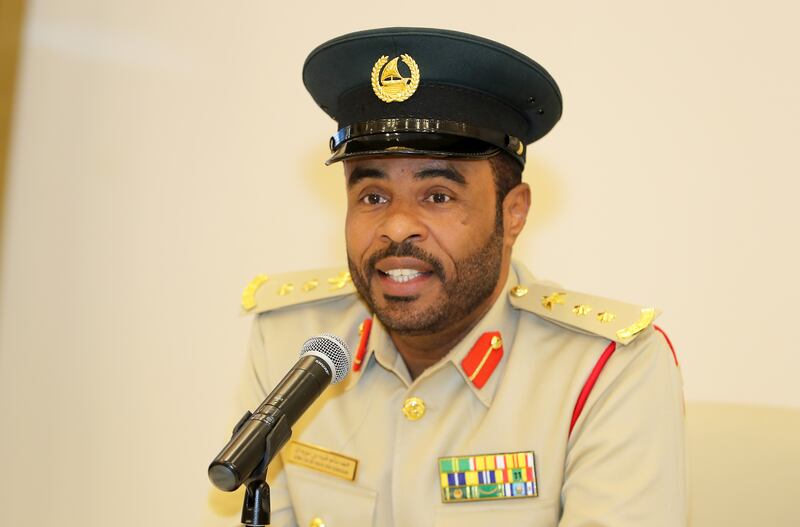 Col Juma bin Suwaidan, acting head of Dubai Police's traffic department, speaks at an e-scooter safety campaign event. Pawan Singh / The National