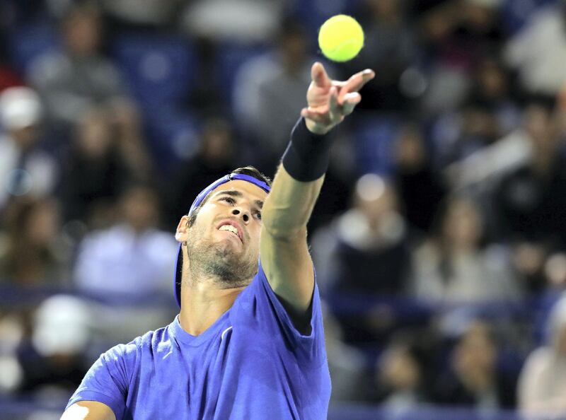 Abu Dhabi, United Arab Emirates - Reporter: Jon Turner: Karen Khachanov serves during the semi final between Rafael Nadal v Karen Khachanov at the Mubadala World Tennis Championship. Friday, December 20th, 2019. Zayed Sports City, Abu Dhabi. Chris Whiteoak / The National