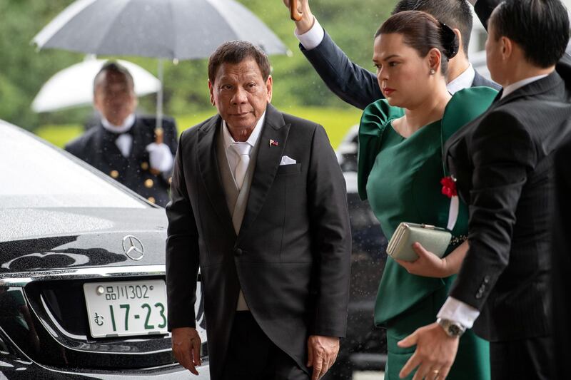 Philippines President Rodrigo Duterte arrives to attend the enthronement ceremony of Japan's Emperor Naruhito in Tokyo, Japan October 22, 2019. Reuters