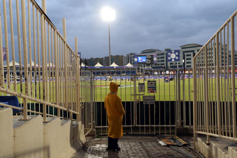 The rain hammers down at the ILT20 cricket in Sharjah. Chris Whiteoak / The National