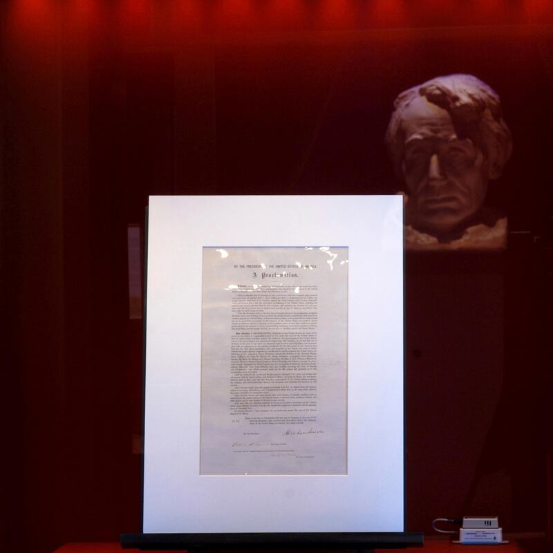 This updated handout photo provided by the Abraham Lincoln Presidential Library and Museum on Tuesdat, June 8, 2021 shows a signed copy of Emancipation Proclamation. The Library, in Springfield, Ill., will mark Juneteenth, the holiday commemorating the end of slavery in the United States, by displaying the rare signed copy of the Emancipation Proclamation. The copy of the proclamation that's signed by Lincoln and Secretary of State William Seward will be displayed between June 15 and July 6. The original document is kept in the National Archives in Washington, D.C. (Abraham Lincoln Presidential Library and Museum photo via AP)