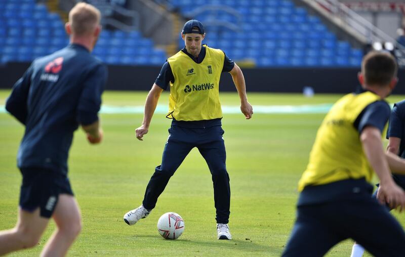 England's Chris Woakes takes part in a mini football match at Headingley. AFP
