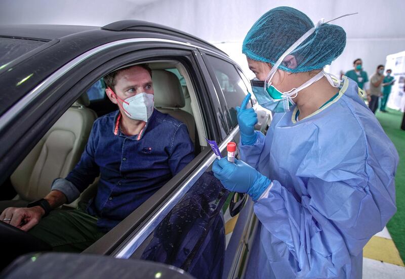 Dubai, United Arab Emirates, April 12, 2020.  Nick Webster of  The National gets briefed by a nurse before  he is tested for Coronavirus at the National Screening Center, Mina Rashed, Dubai.
Victor Besa / The National
Section:  NA
Reporter:  Nick Webster