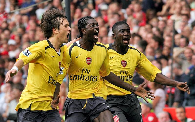 MANCHESTER, ENGLAND - SEPTEMBER 17:  Emmanuel Adebayor of Arsenal celebrates scoring the first goal during the Barclays Premiership match between Manchester United and Arsenal at Old Trafford on September 17 2006 in Manchester, England. (Photo by Chris Coleman/Manchester United via Getty Images)