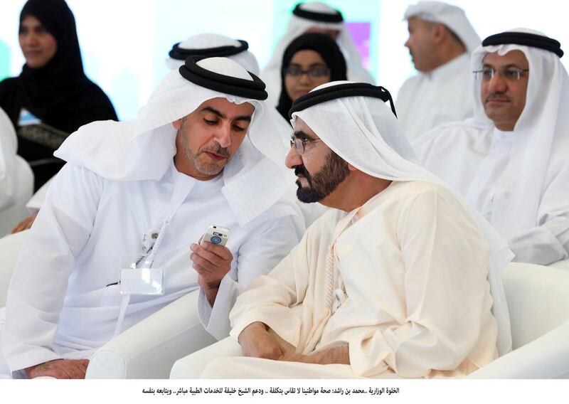 Sheikh Mohammed bin Rashid, Prime Minister and Ruler of Dubai, discusses proposals with Sheikh Saif bin Zayed, Deputy Prime Minister and Minister of Interior, at the second day of the Cabinet retreat at Sir Bani Yas Island, Abu Dhabi, where major health reforms were announced yesterday.  Wam