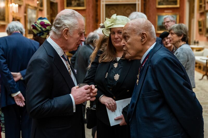 LONDON, UNITED KINGDOM - NOVEMBER 24: King Charles III talks with Professor Magdi Yacoub during a luncheon for Members of the Order of Merit at Buckingham Palace on November 24, 2022 in London, England. (Photo by Aaron Chown - WPA Pool / Getty Images)