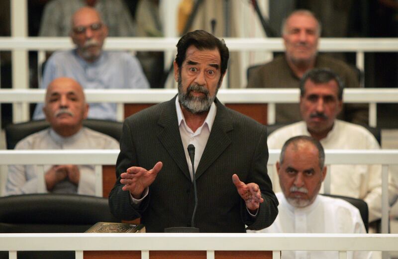 October 19, 2005: Saddam’s trial begins. Prosecutors focus on a massacre in the village of Dujail, 100 kilometres north of Baghdad, where about 150 people, including children, were killed following an assassination attempt against the former dictator. Many other charges relate to a genocidal campaign against Kurds during the 1980s, during which Saddam ordered a chemical attack on the town of Halabja, killing up to 5,000 people. Getty