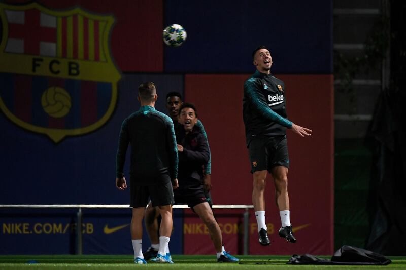 Barcelona defender Clement Lenglet jumps during a training session. AFP