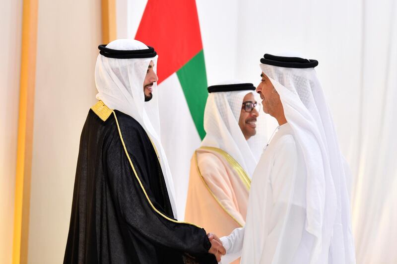 Lt. General Sheikh Saif bin Zayed Al Nahyan greets Saeed on his wedding. Wam
