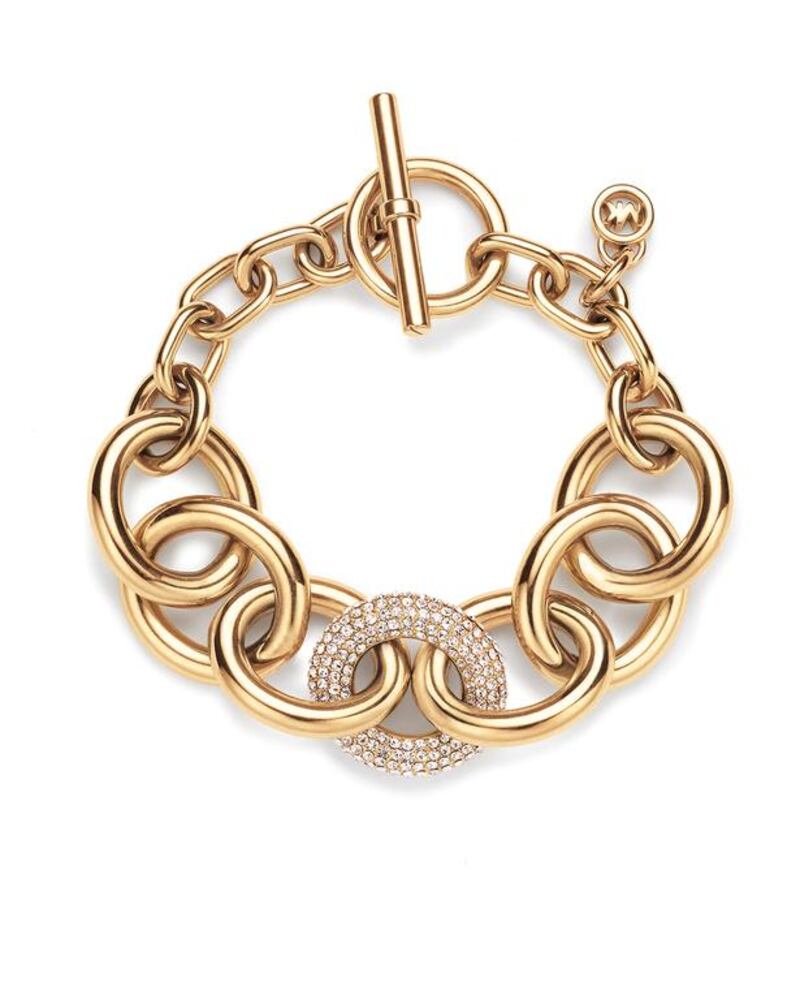 Pavé-Embellished Chain-Link Toggle Bracelet, Dh605, Michael Kors. Courtesy Michael Kors