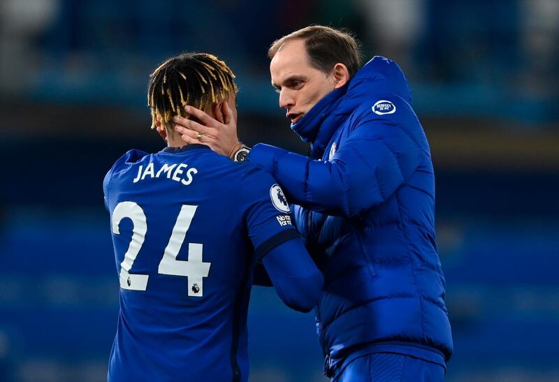 epa09062736 Chelsea manager Thomas Tuchel (R) celebrates with Reece James (L) after winning the English Premier League soccer match between Chelsea FC and Everton FC in London, Britain, 08 March 2021.  EPA/Mike Hewitt / POOL EDITORIAL USE ONLY. No use with unauthorized audio, video, data, fixture lists, club/league logos or 'live' services. Online in-match use limited to 120 images, no video emulation. No use in betting, games or single club/league/player publications.