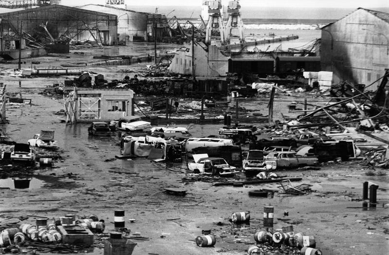 circa 1975:  A mass of burned out vehicles in the harbour area of Beirut after the civil war.  (Photo by Keystone/Getty Images)