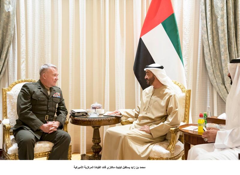 ABU DHABI, UNITED ARAB EMIRATES - November 14, 2019: HH Sheikh Mohamed bin Zayed Al Nahyan, Crown Prince of Abu Dhabi and Deputy Supreme Commander of the UAE Armed Forces (R), meets with General Kenneth F. McKenzie Jr, Commander of US Central Command (CENTCOM) (L), at Al Shati Palace.

( Mohamed Al Hammadi / Ministry of Presidential Affairs )
---