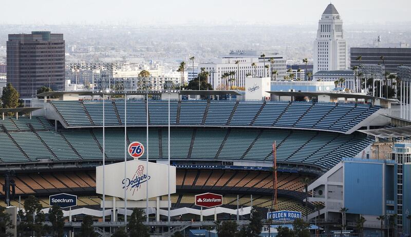 Dodger Stadium is viewed on what was supposed to be Major League Baseball's opening day, now postponed due to the coronavirus, on March 26, 2020 in Los Angeles, California. AFP