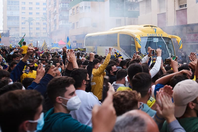Fans gather outside the stadium to protest against the European Super League prior to the La Liga match between Cadiz and Real Madrid on Wednesday, April 21. Getty