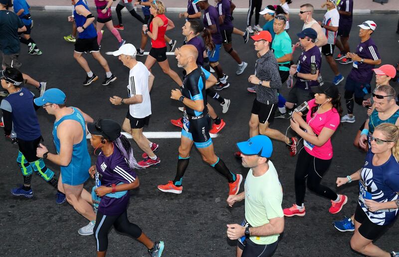 Dubai, United Arab Emirates - January 25, 2019: The start of the Standard Chartered Dubai Marathon 2019. Friday, January 25th, 2019 at Jumeirah, Dubai. Chris Whiteoak/The National