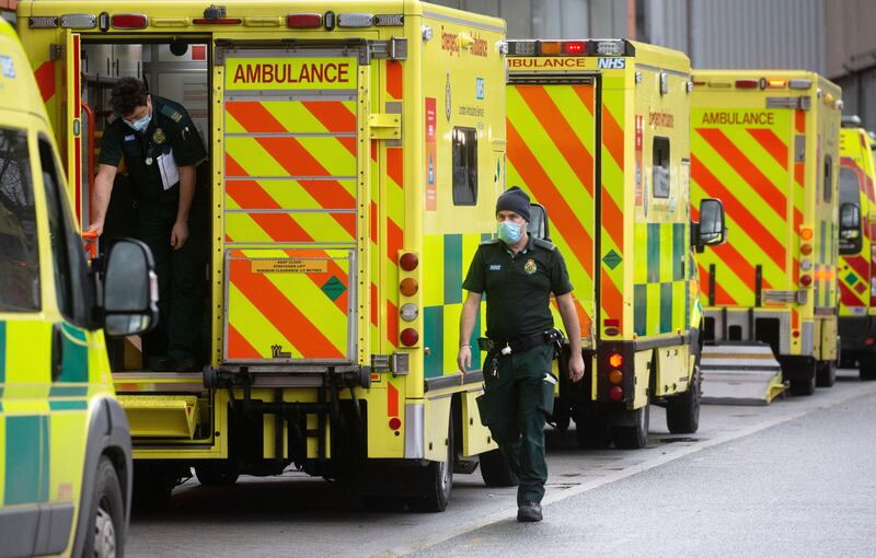 Ambulances queue outside the Royal London Hospital in Whitechapel as health authorities in England deal with a rising infection rate. Photo: Alamy