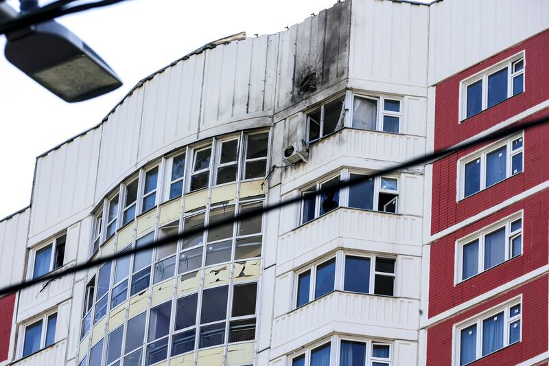 An apartment building which was reportedly damaged by Ukrainian drone in Moscow, Russia. AP