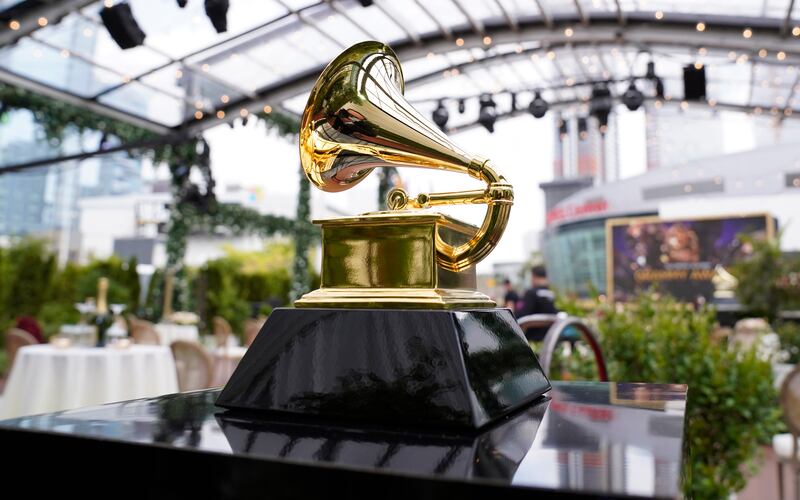 A decorative Grammy is seen before the start of the 63rd Grammy Awards at the Los Angeles Convention Centre on March 14, 2021.  AP