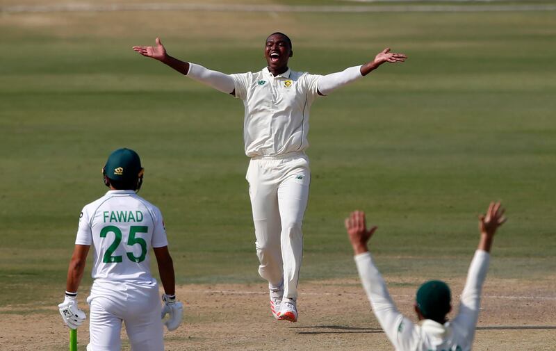 South Africa's Lungi Ngid appeals unsuccessfully for the wicket of Pakistan batsman Mohammad Rizwan. AP