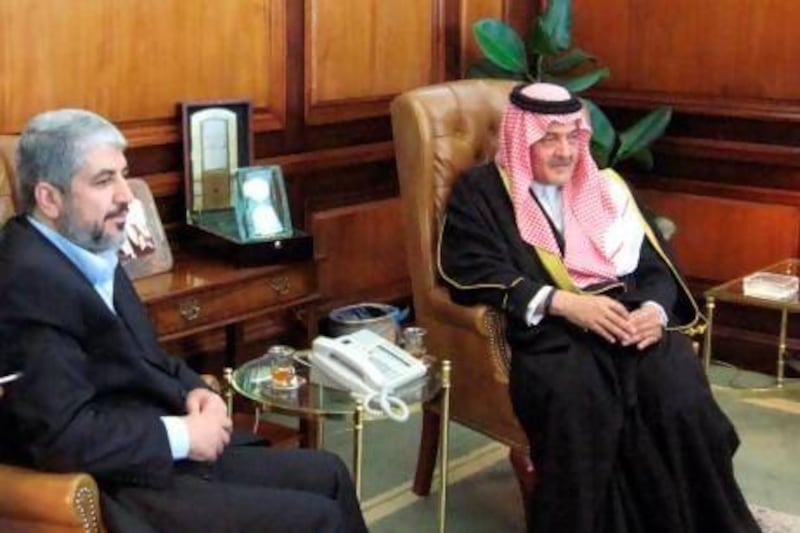 Hamas's exiled leader Khaled Meshaal (left) with Saudi foreign minister Prince Saud Al Faisal at a meeting in Riyadh in January 2010. Saudi Arabia’s support or cold shoulder could have a decisive impact on Hamas’s political role.