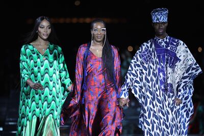 Naomi Campbell with Lagos designer Banke Kuku and a model during the Arise Fashion Show in Dubai last year. EPA
