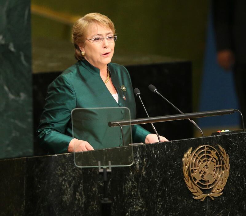 FILE - In this Sept. 21, 2016 file photo, then Chilean President Michelle Bachelet speaks during the 71st session of the United Nations General Assembly at U.N. headquarters. Diplomats say Secretary-General Antonio Guterres has chosen former president Bachelet to be the next UN human rights chief. The diplomats said Wednesday, Aug. 8, 2018, that UN Deputy Secretary-General Amina Mohammed told a group of ambassadors of Guterres' decision on Tuesday. (AP Photo/Seth Wenig, File)