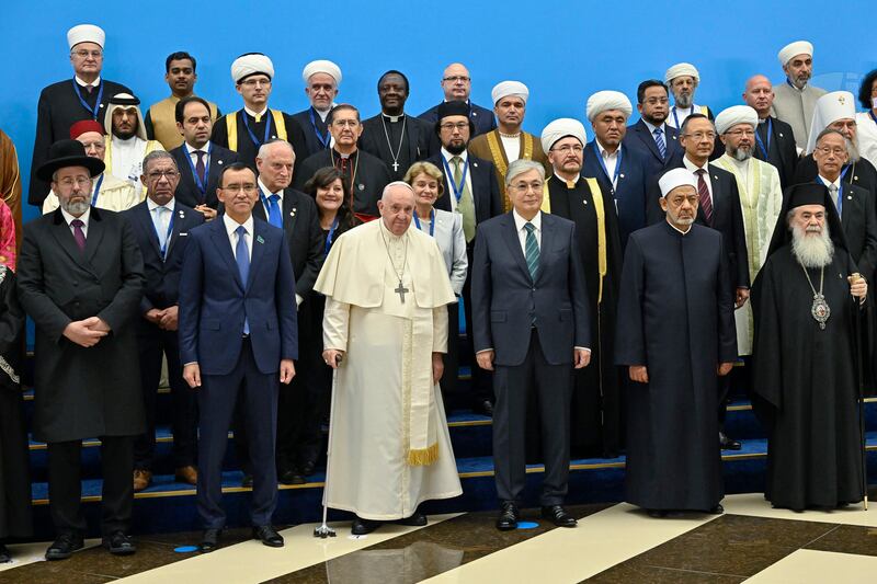 The Pope with Kazakh President Jomart Tokaev and Maulen Ashimbayev, chairman of the Senate of Kazakhstan, and other participants including the Grand Imam. EPA