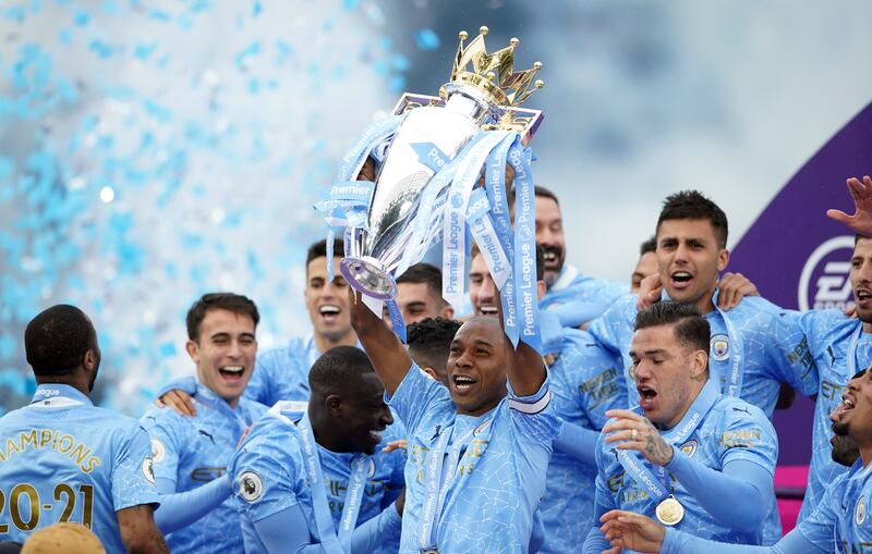 Manchester City's Fernandinho with the Premier League trophy.