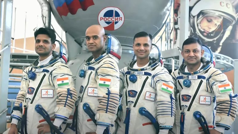 From left, Gaganyaan mission astronauts Prashanth Balakrishnan Nair, Ajit Krishnan, Angad Pratap and Subhanshu Shukla. Photo: @barkhatrehan16 / X