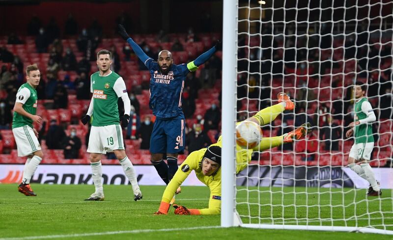 Arsenal's Alexandre Lacazette celebrates their second goal scored by Pablo Mari (out of picture). Reuters