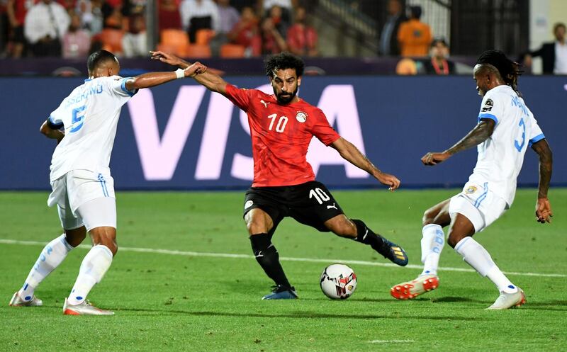 Egypt forward Mohamed Salah scores against DR Congo to make it 2-0. AFP
