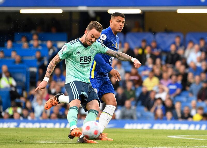 Leicester City's James Maddison scores their first goal. Reuters