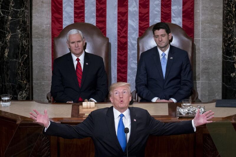 US President Donald Trump gestures while delivering a State of the Union address. Andrew Harrer / Bloomberg
