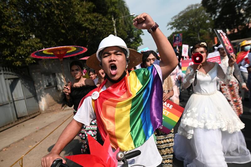 Members of the LGBTQ community protest against the military coup in Yangon. REUTERS