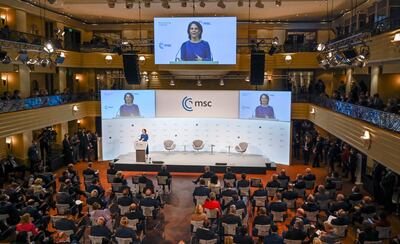 German Foreign Minister Annalena Baerbock delivers her speech on the opening day of the Munich Security Conference on February 18, 2022. AFP