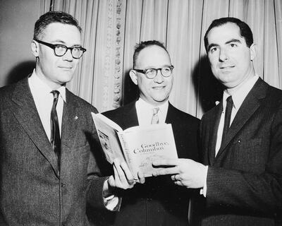 FILE - In this March 24, 1960 file photo, the three winners of the National Book Award, Robert Lowell, from left, awarded for the most distinguished book of poetry, Richard Ellmann, won in the nonfiction category, and Philip Roth, received the award in the fiction category for his book "Goodbye, Columbus," pose at the Astor Hotel in New York City,  Roth, prize-winning novelist and fearless narrator of sex, religion and mortality, has died at age 85. His death was confirmed by his literary agent, Andrew Wylie, who said Roth died Tuesday night, May 22, 2018, of congestive heart failure. (AP Photo, File)