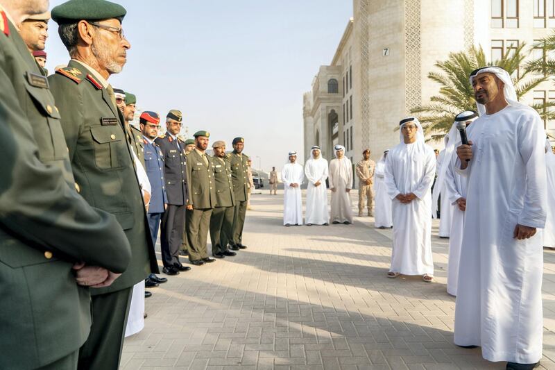 ABU DHABI, UNITED ARAB EMIRATES - September 04, 2019: HH Sheikh Mohamed bin Zayed Al Nahyan, Crown Prince of Abu Dhabi and Deputy Supreme Commander of the UAE Armed Forces (R), speaks with members of the UAE Armed Forces during the inauguration of the Presidential Guard Martyrs Park, at Mahwi Military Camp. Seen with HH Sheikh Mansour bin Zayed Al Nahyan, UAE Deputy Prime Minister and Minister of Presidential Affairs (3rd R).

( Rashed Al Mansoori / Ministry of Presidential Affairs )
---