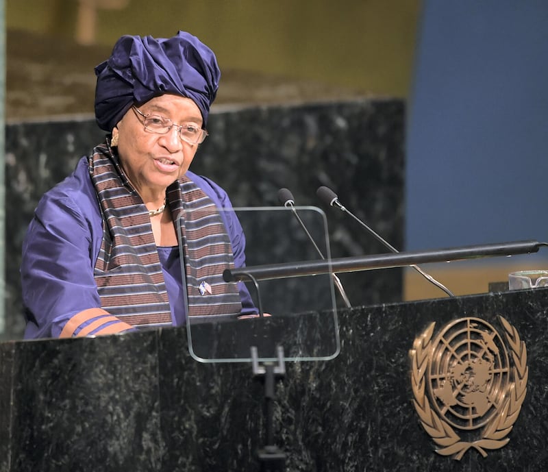 Ellen Johnson-Sirleaf, President of the Republic of Liberia, addresses the United Nations General Assembly September 19, 2017 at the United Nations in New York. / AFP PHOTO / DON EMMERT