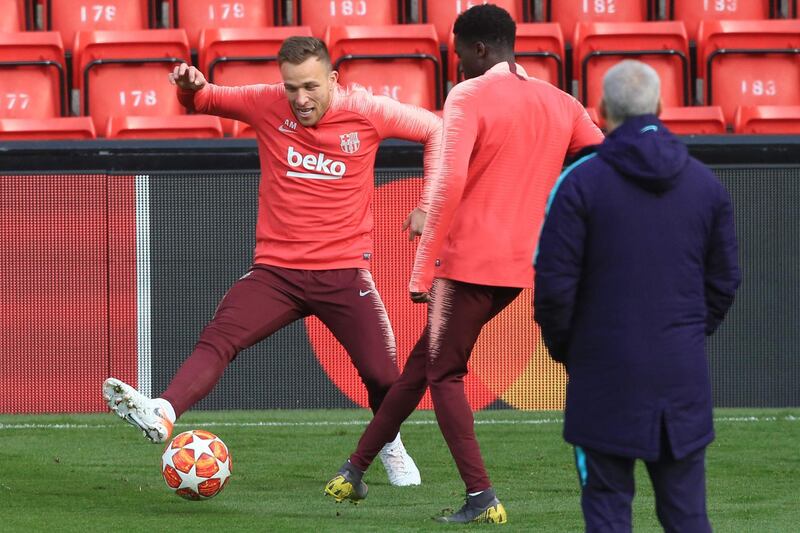 Barcelona midfielder Arthur takes part in training at Anfield ahead of the Uefa Champions League semi-final, second leg against Liverpool. AFP