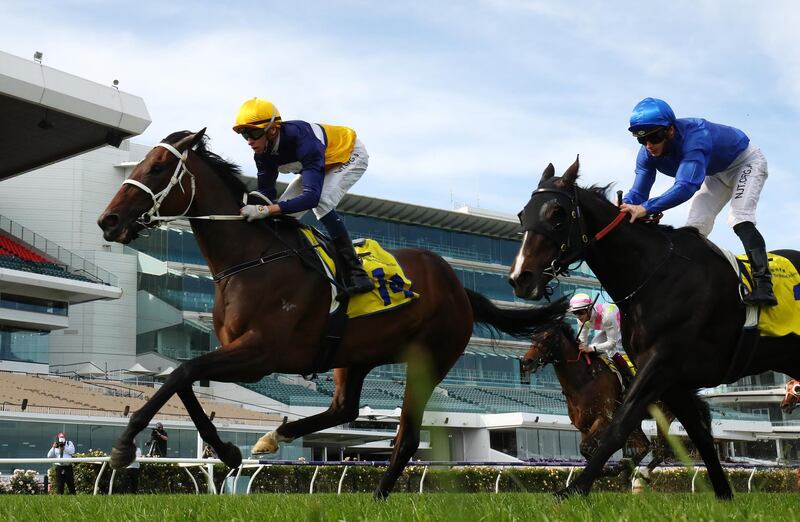 Michael Dee riding Rich Hips wins The Hong Kong Jockey Club Stakes during 2020 Lexus Melbourne Cup Day. Getty Images for the VRC