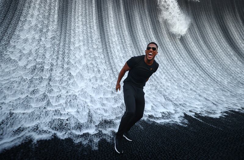 Anthony Joshua at the Expo 2020 Dubai waterfall. Getty