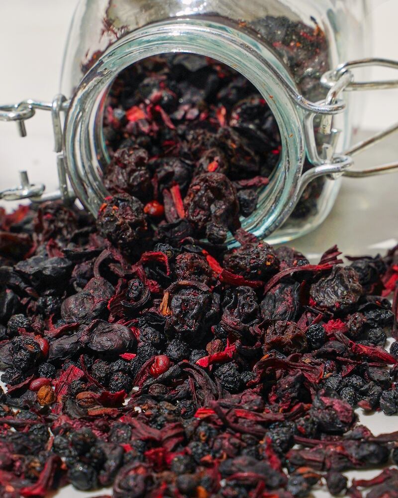 These grape skins from an Ontario winemaker are processed, dried, then layered with hibiscus and berries. Photo: Pluck Tea